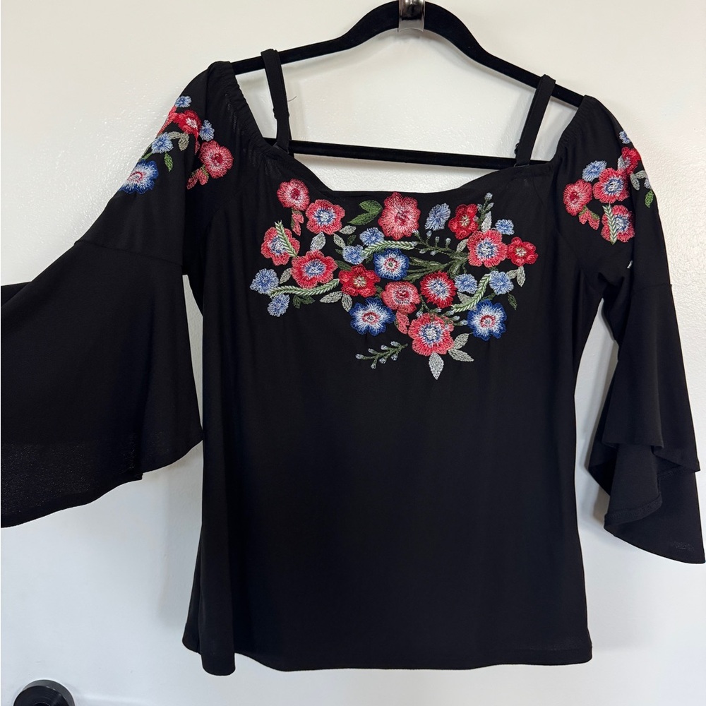 INC International Concepts Black Top with Floral Embroidery